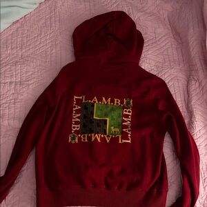L.A.M.B. Burgundy Hoodie with Gold and Green Graphic